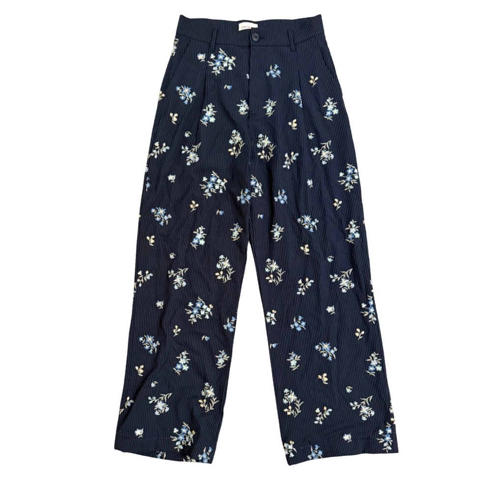 Driftwood Womens Navy Pinstripe Floral Embroidered Wide Leg Trousers Size M
